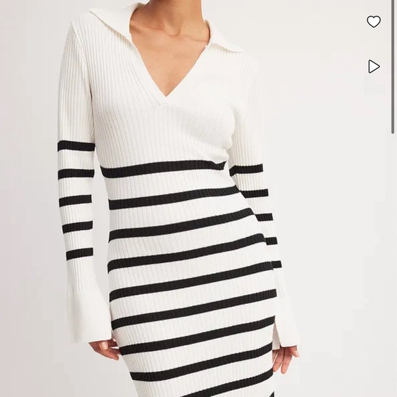 *BRAND NEW* NA-KD Striped Rib Knitted Trumpet Sleeve Dress in Black/White Stripe - Picture 4 of 7